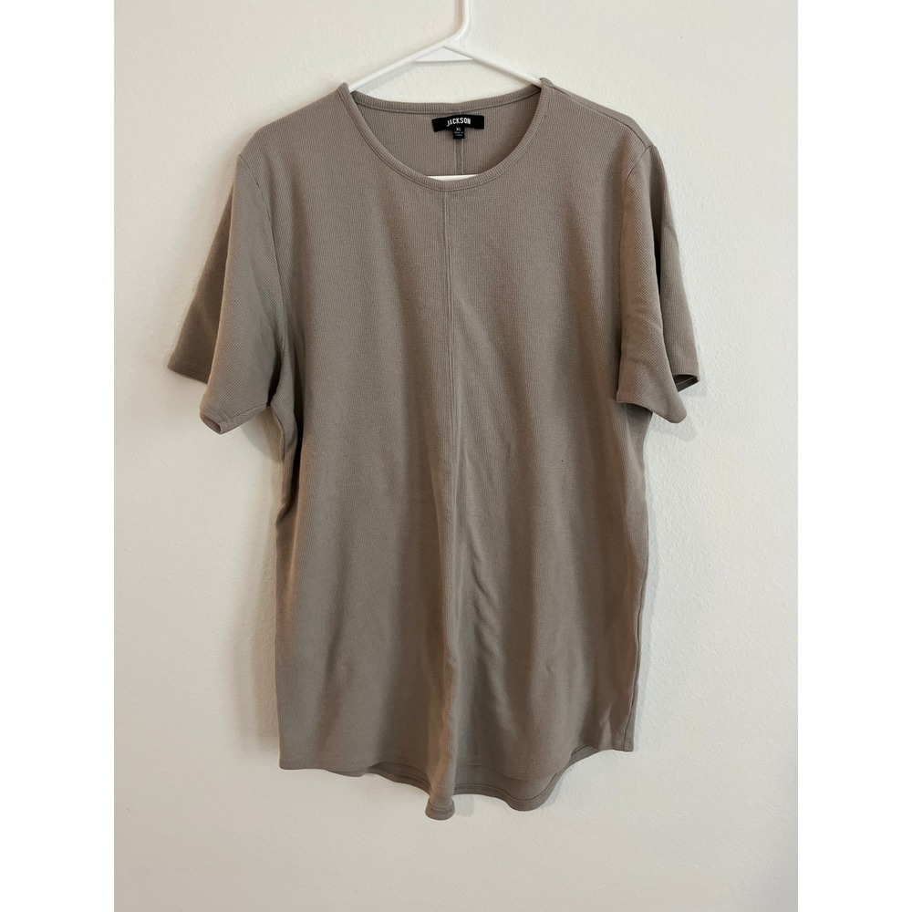 Jackson Mens XL Waffle Knit Thermal T-Shirt Taupe Brown Center Seam Curved Hem